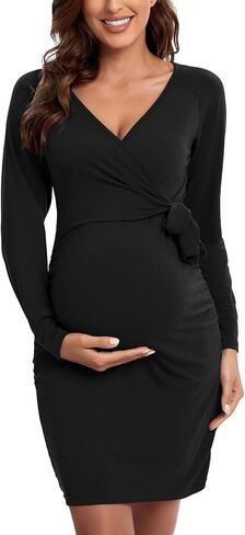 فستان الحمل من Ecavus فستان ملتف برقبة على شكل حرف V وأكمام طويلة وربطة عنق للرضاعة in Kuwait