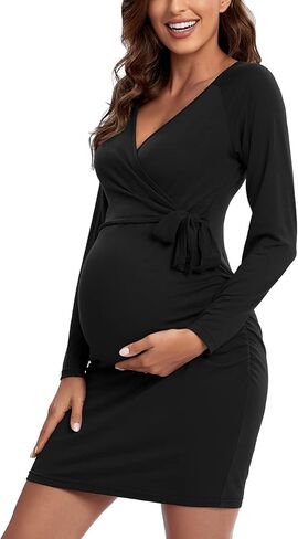 فستان الحمل من Ecavus فستان ملتف برقبة على شكل حرف V وأكمام طويلة وربطة عنق للرضاعة in Kuwait