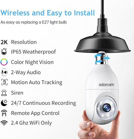 كاميرا مراقبة لمبة الإضاءة من adorcam: كاميرات بمقبس E27 لاسلكية 2K WiFi للمنزل الخارجي والداخلي مع كشف حركة 360 درجة وتتبع تلقائي وأضواء كاشفة ملونة ورؤية ليلية مقاومة للماء in Kuwait