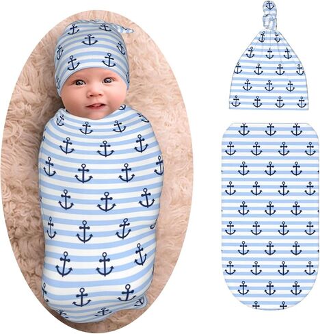 Striped Anchor Newborn Swaddle Blanket with Beanie Set, Soft Stretchy Baby Receiving Blanket Infant Swaddle Sack for Baby Boy and Girl Gifts in Kuwait