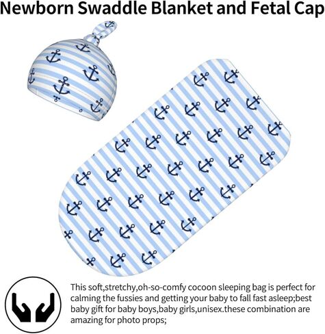 Striped Anchor Newborn Swaddle Blanket with Beanie Set, Soft Stretchy Baby Receiving Blanket Infant Swaddle Sack for Baby Boy and Girl Gifts in Kuwait