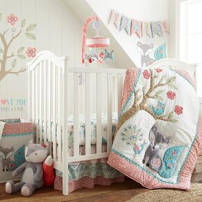Levtex Baby - Fiona Crib Bed Set - Baby Nursery Set - Pink, Teal, and White - Woodland Forest Theme - 5 Piece Set Includes Quilt, Two Fitted Sheets, Wall Decal & Skirt/Dust Ruffle