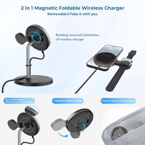 Magnetic Wireless Charger for iPhone, 2 in 1 Fast Charging Station for Apple Devices, Foldable＆Portable Wireless Charger for iPhone 15/14/13/12 Series, for Watch Series,Black(PD 25W Adapter Included) in Kuwait
