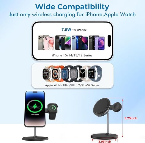 Magnetic Wireless Charger for iPhone, 2 in 1 Fast Charging Station for Apple Devices, Foldable＆Portable Wireless Charger for iPhone 15/14/13/12 Series, for Watch Series,Black(PD 25W Adapter Included) in Kuwait