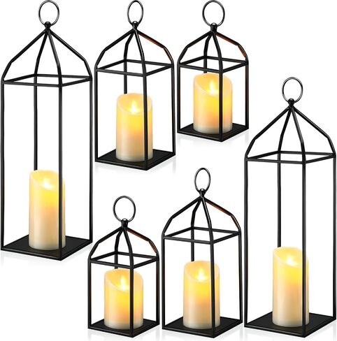 Zonon 6 Sets Farmhouse Candle Lantern, 19'' Outdoor Decorative Lantern with Flickering Timer Candle, LED Modern Flameless Lantern Black Hanging Lantern Decor for Home, Indoor, Tabletop, Garden, Patio in Saudi Arabia
