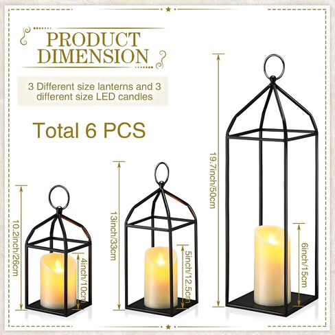 Zonon 6 Sets Farmhouse Candle Lantern, 19'' Outdoor Decorative Lantern with Flickering Timer Candle, LED Modern Flameless Lantern Black Hanging Lantern Decor for Home, Indoor, Tabletop, Garden, Patio in Saudi Arabia