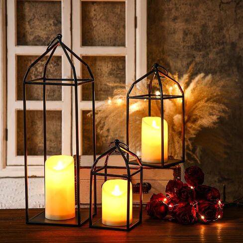 Zonon 6 Sets Farmhouse Candle Lantern, 19'' Outdoor Decorative Lantern with Flickering Timer Candle, LED Modern Flameless Lantern Black Hanging Lantern Decor for Home, Indoor, Tabletop, Garden, Patio in Saudi Arabia