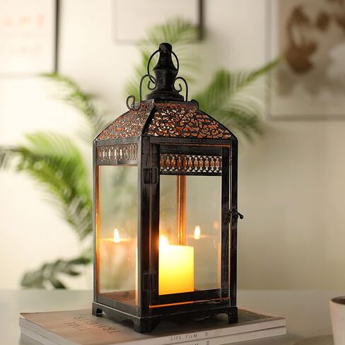 مجموعة من 2 فانوس خارجي مقاس 20 بوصة و14.5 بوصة حامل شموع معدني مزخرف بفانوس عتيق مع زجاج مقسى لديكور الخريف والحديقة والفناء وغرفة المعيشة والمنزل الداخلي وساحة المدخل (رمادي) in Kuwait