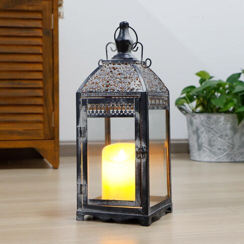 مجموعة من 2 فانوس خارجي مقاس 20 بوصة و14.5 بوصة حامل شموع معدني مزخرف بفانوس عتيق مع زجاج مقسى لديكور الخريف والحديقة والفناء وغرفة المعيشة والمنزل الداخلي وساحة المدخل (رمادي) in Kuwait
