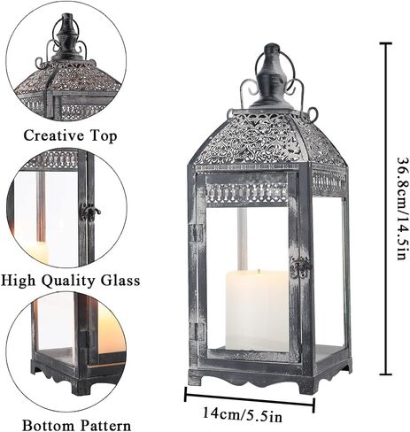 مجموعة من 2 فانوس خارجي مقاس 20 بوصة و14.5 بوصة حامل شموع معدني مزخرف بفانوس عتيق مع زجاج مقسى لديكور الخريف والحديقة والفناء وغرفة المعيشة والمنزل الداخلي وساحة المدخل (رمادي) in Kuwait