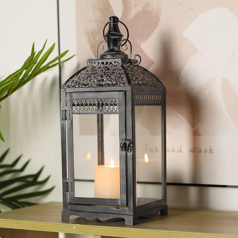 مجموعة من 2 فانوس خارجي مقاس 20 بوصة و14.5 بوصة حامل شموع معدني مزخرف بفانوس عتيق مع زجاج مقسى لديكور الخريف والحديقة والفناء وغرفة المعيشة والمنزل الداخلي وساحة المدخل (رمادي) in Kuwait