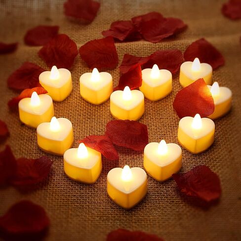 Mudder 12 Pieces Heart Shape LED Tealight Candles Love LED Candles with 200 Pieces Silk Rose Petals Girl Scatter Artificial Petals for Valentine's Day Wedding Table Party Decor (Red Light, Red Petal) in Saudi Arabia