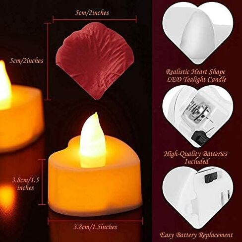 Mudder 12 Pieces Heart Shape LED Tealight Candles Love LED Candles with 200 Pieces Silk Rose Petals Girl Scatter Artificial Petals for Valentine's Day Wedding Table Party Decor (Red Light, Red Petal) in Saudi Arabia