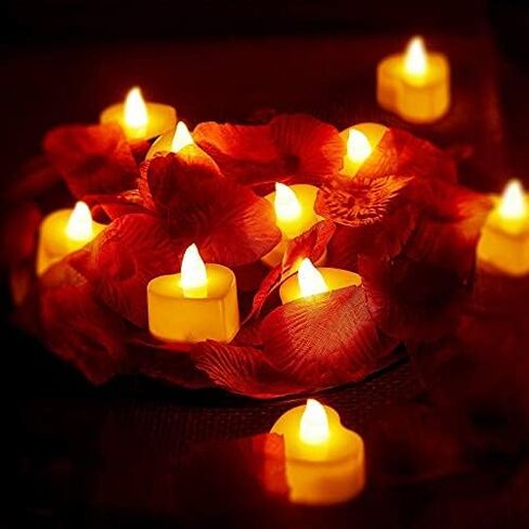 Mudder 12 Pieces Heart Shape LED Tealight Candles Love LED Candles with 200 Pieces Silk Rose Petals Girl Scatter Artificial Petals for Valentine's Day Wedding Table Party Decor (Red Light, Red Petal) in Saudi Arabia