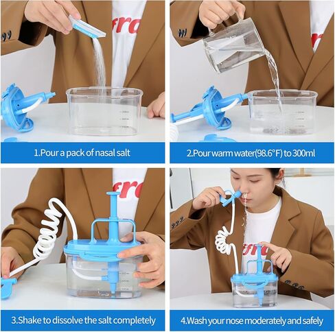 Upgraded Powerful Pressure Sinus Rinse Bottle Neti Pot Nasal Wash Bottle Strong Water Flow Rinse Nasal Irrigation Relieve nasal congestion Nose Wash Cleaner 300ml with 30 Nasal Wash Salt Packets in Kuwait