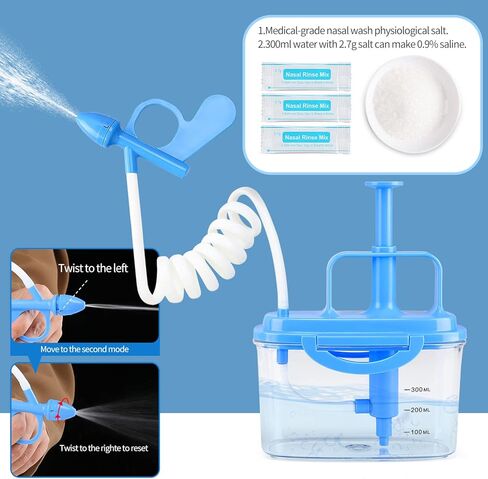 Upgraded Powerful Pressure Sinus Rinse Bottle Neti Pot Nasal Wash Bottle Strong Water Flow Rinse Nasal Irrigation Relieve nasal congestion Nose Wash Cleaner 300ml with 30 Nasal Wash Salt Packets in Kuwait