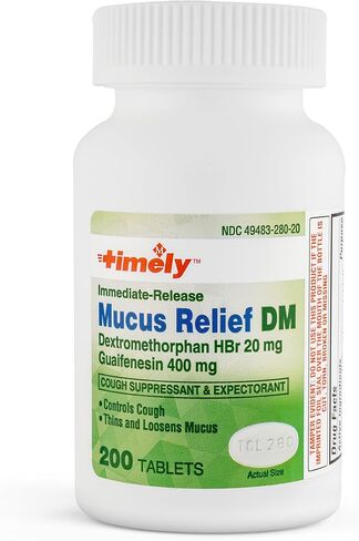 أقراص تخفيف المخاط في الوقت المناسب DM 200 - ديكستروميتورفان HBr 20 ملغ وغوايفينيسين 400 ملغ - أقراص ديكستروميثورفان للإطلاق الفوري - لقمع السعال بالإضافة إلى تخفيف البلغم والمخاط in Kuwait