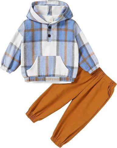 YOUNGER TREE Toddler Baby Boy Clothes Plaid Long Sleeve Hoodie+T-Shirt+Overalls Clothing Pants Set Fall Winter Outfit in Saudi Arabia