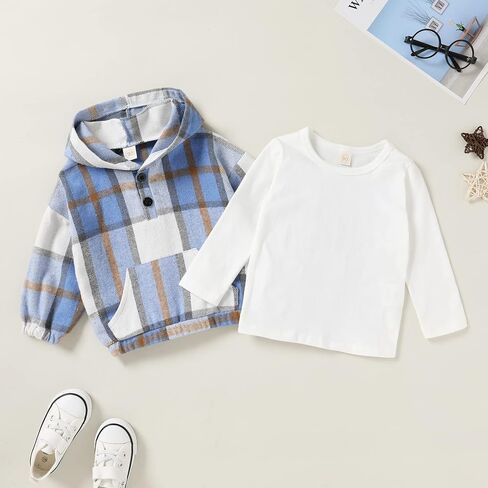 YOUNGER TREE Toddler Baby Boy Clothes Plaid Long Sleeve Hoodie+T-Shirt+Overalls Clothing Pants Set Fall Winter Outfit in Saudi Arabia