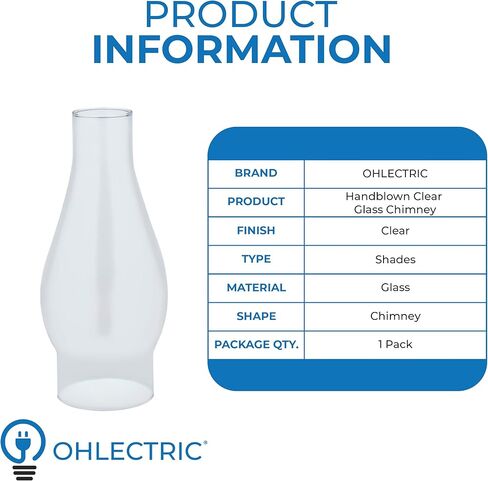 OHLECTRIC 2-5/8-Inch Handblown Clear Glass Chimney for Oil Lamps – Use with Converted Electric Lamps – Ideal Replacement Shade for Oil Lamps, 1-Pack OL-39179 in Kuwait