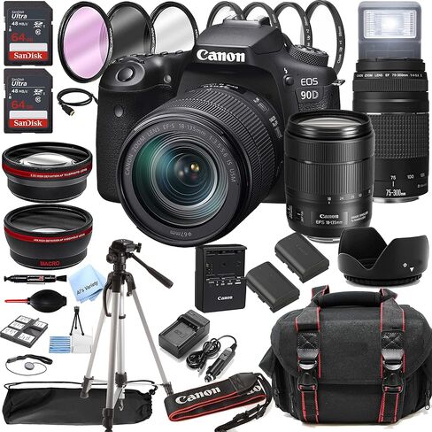 Canon EOS 90D DSLR Camera w/EF-S 18-135mm USM Zoom Lens + 75-300mm F/4-5.6 III Lens + 128GB Memory + Case + Tripod + Filters (38pc Bundle) in Saudi Arabia