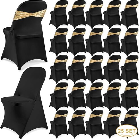 Windyun 50 Pcs Stretch Spandex Folding Chair Cover and Sequin Chair Sashes Set, 25 Pcs Double Sided Sequin Bows and 25 Pcs Universal Washable Chair Protector for Wedding Banquet(Black, Gold) in Saudi Arabia