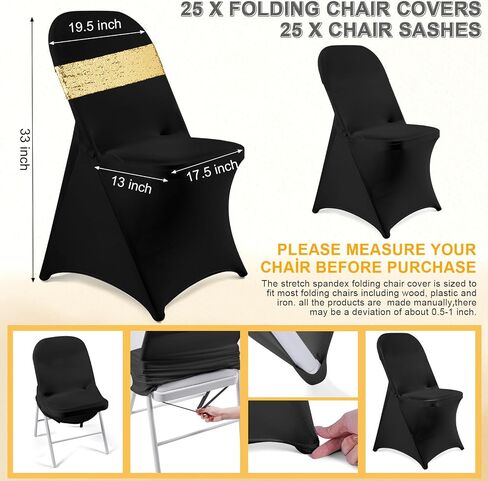 Windyun 50 Pcs Stretch Spandex Folding Chair Cover and Sequin Chair Sashes Set, 25 Pcs Double Sided Sequin Bows and 25 Pcs Universal Washable Chair Protector for Wedding Banquet(Black, Gold) in Saudi Arabia