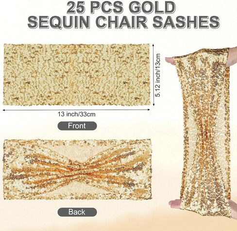 Windyun 50 Pcs Stretch Spandex Folding Chair Cover and Sequin Chair Sashes Set, 25 Pcs Double Sided Sequin Bows and 25 Pcs Universal Washable Chair Protector for Wedding Banquet(Black, Gold) in Saudi Arabia