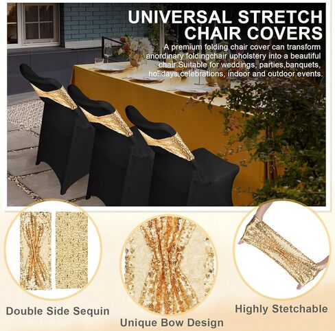 Windyun 50 Pcs Stretch Spandex Folding Chair Cover and Sequin Chair Sashes Set, 25 Pcs Double Sided Sequin Bows and 25 Pcs Universal Washable Chair Protector for Wedding Banquet(Black, Gold) in Saudi Arabia