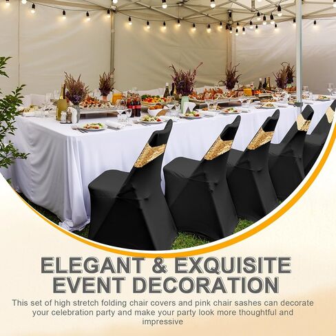 Windyun 50 Pcs Stretch Spandex Folding Chair Cover and Sequin Chair Sashes Set, 25 Pcs Double Sided Sequin Bows and 25 Pcs Universal Washable Chair Protector for Wedding Banquet(Black, Gold) in Saudi Arabia