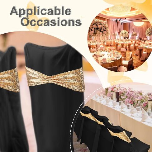 Windyun 50 Pcs Stretch Spandex Folding Chair Cover and Sequin Chair Sashes Set, 25 Pcs Double Sided Sequin Bows and 25 Pcs Universal Washable Chair Protector for Wedding Banquet(Black, Gold) in Saudi Arabia
