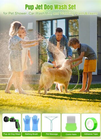 Upgrade Pup Jet Dog Wash, 8 in 1 Dog Wash Hose Attachment with Soap Dispenser, Dog Washing Gloves, Adhesive Tape and Dog Comb for All Kinds of Pet Showers, Car Washing, Watering Plants and Lawn in Kuwait
