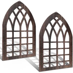 Yulejo 2 Pcs Rustic Window Frame Wall Decor Wooden Farmhouse Wall Decor 15.75'' x 11'' Arched Cathedral Window Home Decor Fake Window Pane Wall Art for Entryway Living Room Bedroom(Dark Brown) in Kuwait