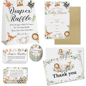 مجموعة بطاقات استحمام الطفل - موضوع الغابة المكون من 25 دعوة لحفل استقبال الطفل مع مظاريف كرافت، وعلامة سحب الحفاضات وتذاكر، وبطاقات طلب الكتاب، وبطاقات بريدية شكرًا لك، وملصقات الغابة - زينة لحفلة استحمام الطفل وودلاند in Kuwait