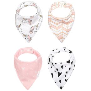 REVERSIBLE & WATERPROOF Cotton Baby Bandana Drool Bibs for Girls with Adjustable Snaps, Pack of 4, Soft Absorbent Cute Modern Premium Bib Set for Teething Drooling (Pink)