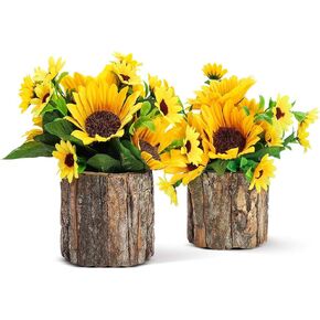 AceList Artificial Sunflowers for Spring Decor, Small Potted Flower in Log Planters, Table Centerpieces for Mothers Day Home Bedroom Farmhouse Rustic Decoration Set of 2, Yellow in Kuwait