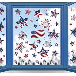 Whaline 9 Sheets Patriotic Window Clings Stickers Veterans Day Window Clings Stickers USA Stars Shape Window Decals Blue Red White Double-Sided for 4th of July Independence Day School Party Supplies