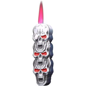 WEQTETJU Skull Torch Lighter, Metal Embossed Skull, Cool, Multifunctional, Fillable, Adjustable, Unique Windproof Lighter, Gift for Men, (No Gas) (Silver)