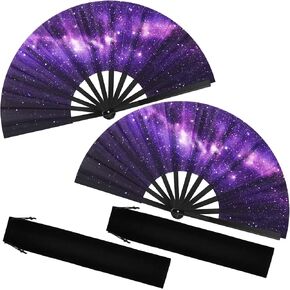 2 Pcs Galaxy Satin Rave Folding Hand Fan Chinese Japanese Large Handheld Fan Plastic Ribs Decorative Folding Fans with Fabric Case for Women Men Gifts, Dance Festival Party Performance Decorations in Saudi Arabia