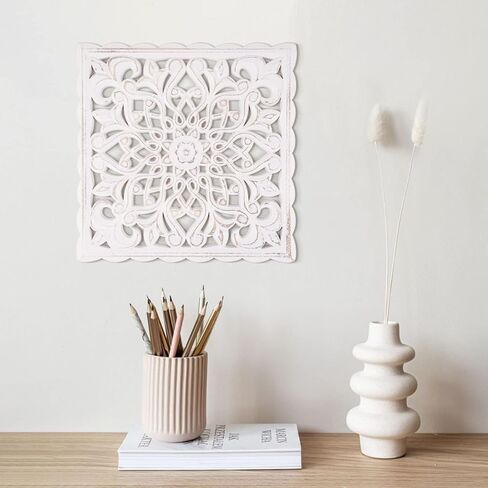 لوحة خشبية منحوتة للتعليق على الحائط، لوحة جدارية منحوتة بنمط زهور بيضاء من خشب ام دي اف لغرفة المعيشة وغرفة النوم، 12 انش × 12 انش in Kuwait