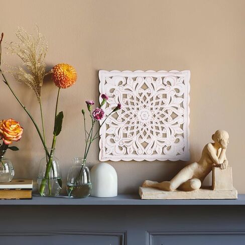 لوحة خشبية منحوتة للتعليق على الحائط، لوحة جدارية منحوتة بنمط زهور بيضاء من خشب ام دي اف لغرفة المعيشة وغرفة النوم، 12 انش × 12 انش in Kuwait