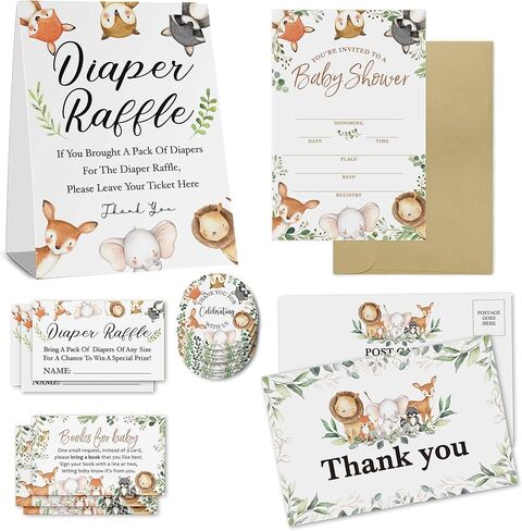 مجموعة بطاقات استحمام الطفل - موضوع الغابة المكون من 25 دعوة لحفل استقبال الطفل مع مظاريف كرافت، وعلامة سحب الحفاضات وتذاكر، وبطاقات طلب الكتاب، وبطاقات بريدية شكرًا لك، وملصقات الغابة - زينة لحفلة استحمام الطفل وودلاند in Kuwait