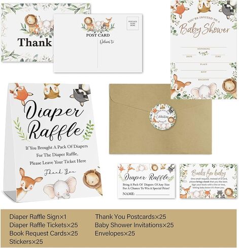 مجموعة بطاقات استحمام الطفل - موضوع الغابة المكون من 25 دعوة لحفل استقبال الطفل مع مظاريف كرافت، وعلامة سحب الحفاضات وتذاكر، وبطاقات طلب الكتاب، وبطاقات بريدية شكرًا لك، وملصقات الغابة - زينة لحفلة استحمام الطفل وودلاند in Kuwait