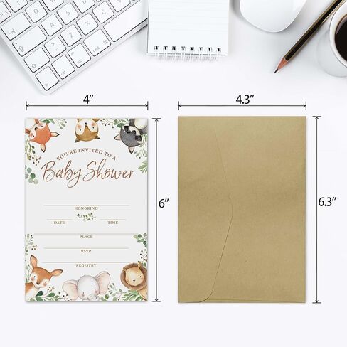 مجموعة بطاقات استحمام الطفل - موضوع الغابة المكون من 25 دعوة لحفل استقبال الطفل مع مظاريف كرافت، وعلامة سحب الحفاضات وتذاكر، وبطاقات طلب الكتاب، وبطاقات بريدية شكرًا لك، وملصقات الغابة - زينة لحفلة استحمام الطفل وودلاند in Kuwait