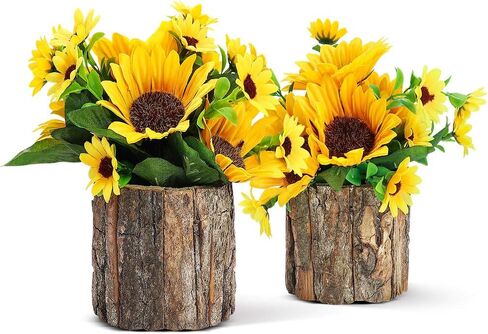 AceList Artificial Sunflowers for Spring Decor, Small Potted Flower in Log Planters, Table Centerpieces for Mothers Day Home Bedroom Farmhouse Rustic Decoration Set of 2, Yellow in Kuwait