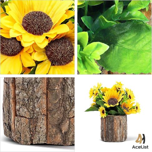 AceList Artificial Sunflowers for Spring Decor, Small Potted Flower in Log Planters, Table Centerpieces for Mothers Day Home Bedroom Farmhouse Rustic Decoration Set of 2, Yellow in Kuwait