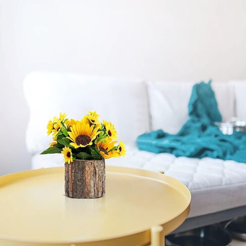 AceList Artificial Sunflowers for Spring Decor, Small Potted Flower in Log Planters, Table Centerpieces for Mothers Day Home Bedroom Farmhouse Rustic Decoration Set of 2, Yellow in Kuwait