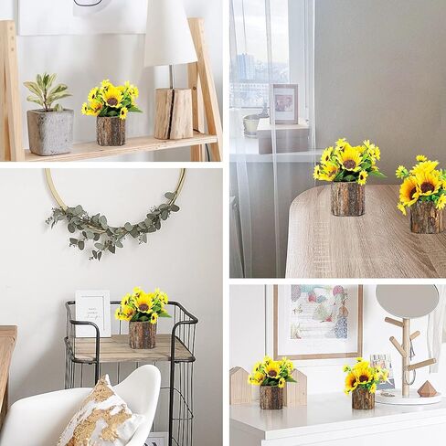 AceList Artificial Sunflowers for Spring Decor, Small Potted Flower in Log Planters, Table Centerpieces for Mothers Day Home Bedroom Farmhouse Rustic Decoration Set of 2, Yellow in Kuwait