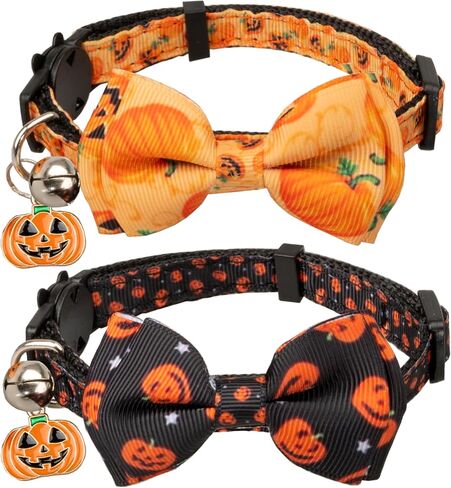 Gyapet Cat Collar Halloween Set Fall Gift Pumpkin Breakaway Bow Tie Safety with Bell Kitten Cute 2pcs Hamburg & Sushi in Kuwait