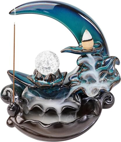 مبخرة شلال القمر، حامل البخور ذو التدفق الخلفي مع كرة كريستال، نافورة شلال البخور، مبخرة بخور سيراميك مصنوعة يدويًا للمنزل زن ديكور سبا اليوغا والتأمل، هدايا للنساء لعيد الميلاد in Kuwait